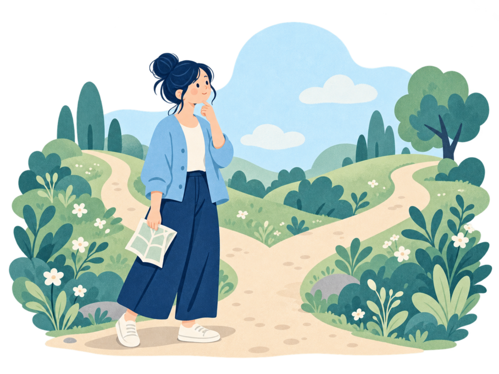 水色の服を着た人が地図を手に、二つに分かれた穏やかな小道を眺めている
