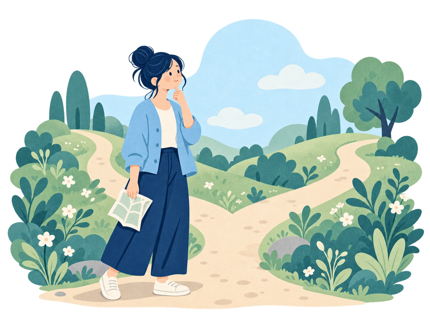 水色の服を着た人が地図を手に、二つに分かれた穏やかな小道を眺めている