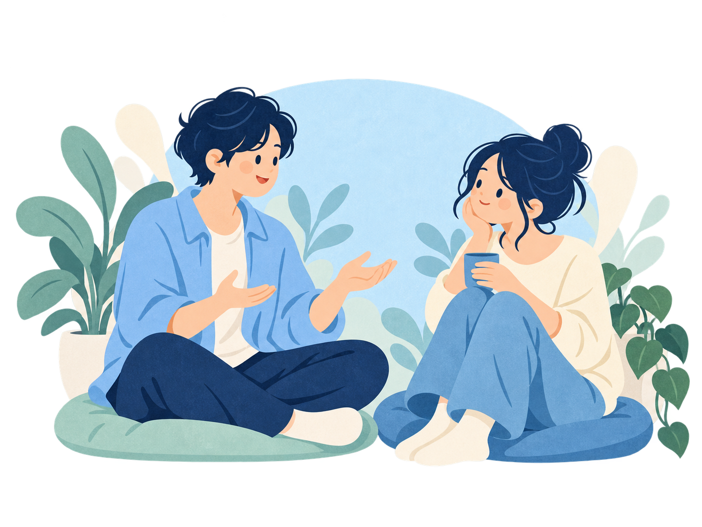 向き合って座った二人が、互いの話に耳を傾けている