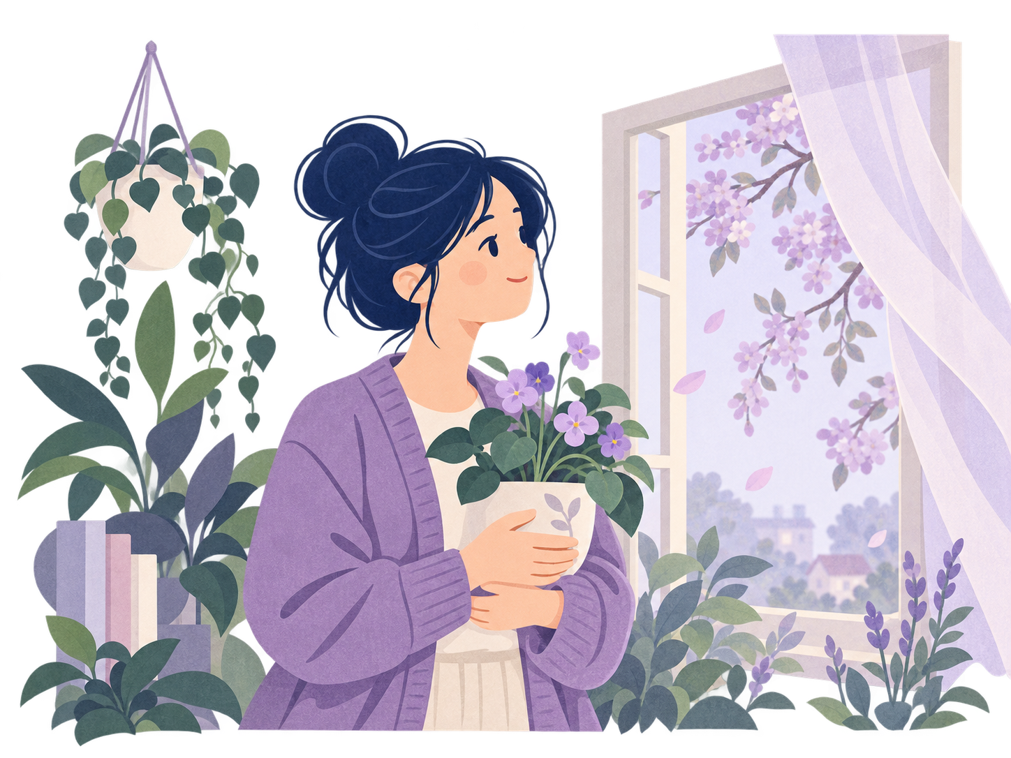 窓辺で自分の気持ちを象徴する小さな植物を抱く女性
