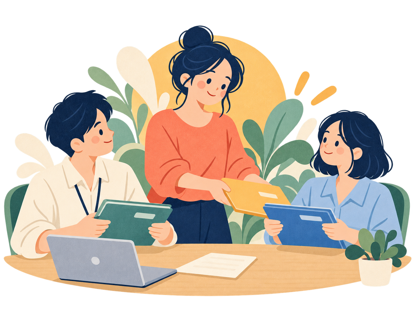 一人で抱えず、同僚と仕事の役割を分ける女性
