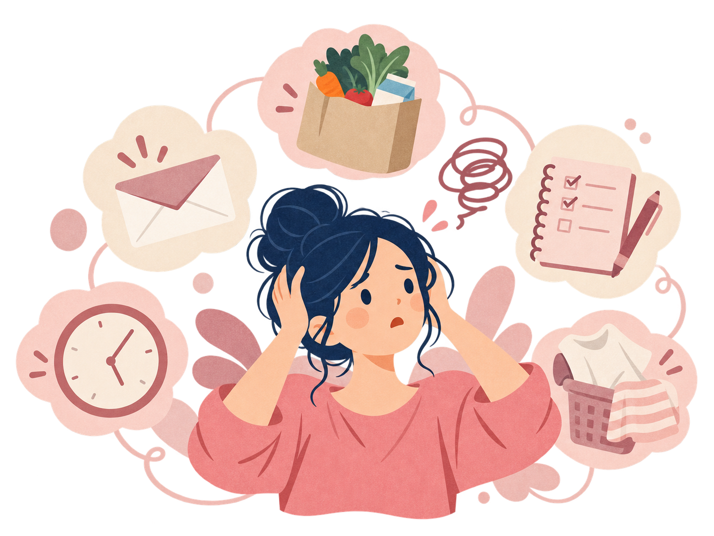 いくつもの用事が気になり頭がいっぱいになっている女性