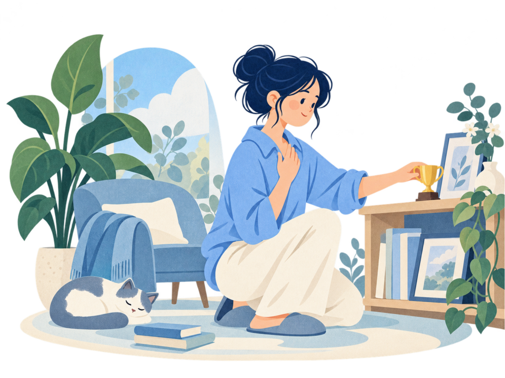 成果を象徴するトロフィーを脇に置き、自分の気持ちに目を向ける女性