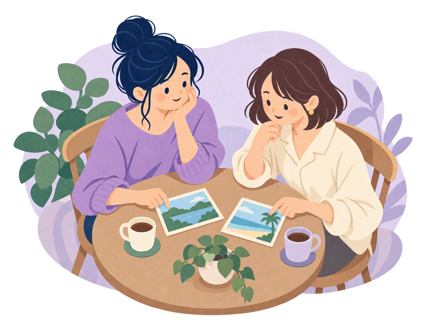 二人の希望を並べて、一緒に予定を考える様子
