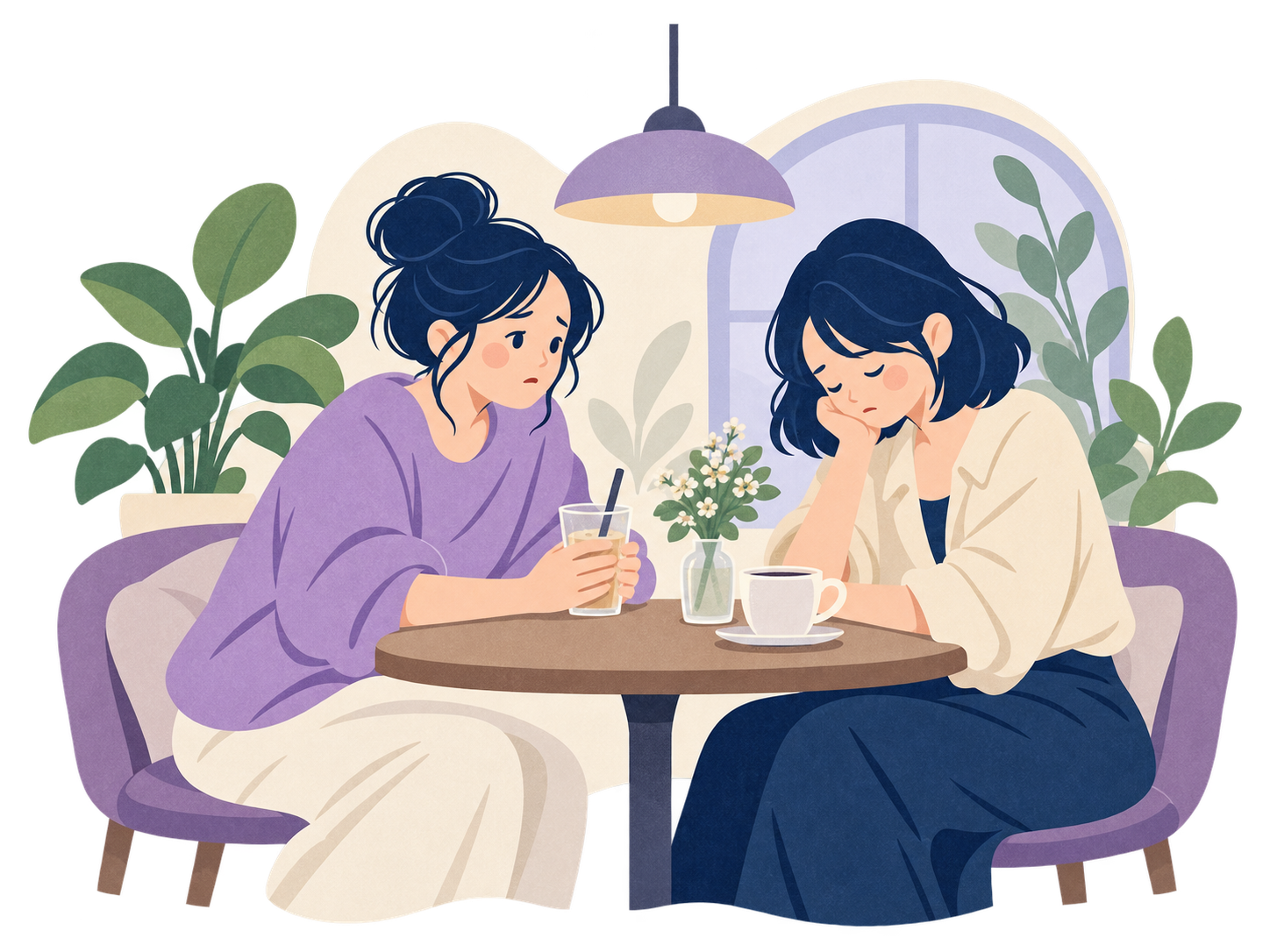 静かな友人の表情が気になり、食事中に落ち着かない女性