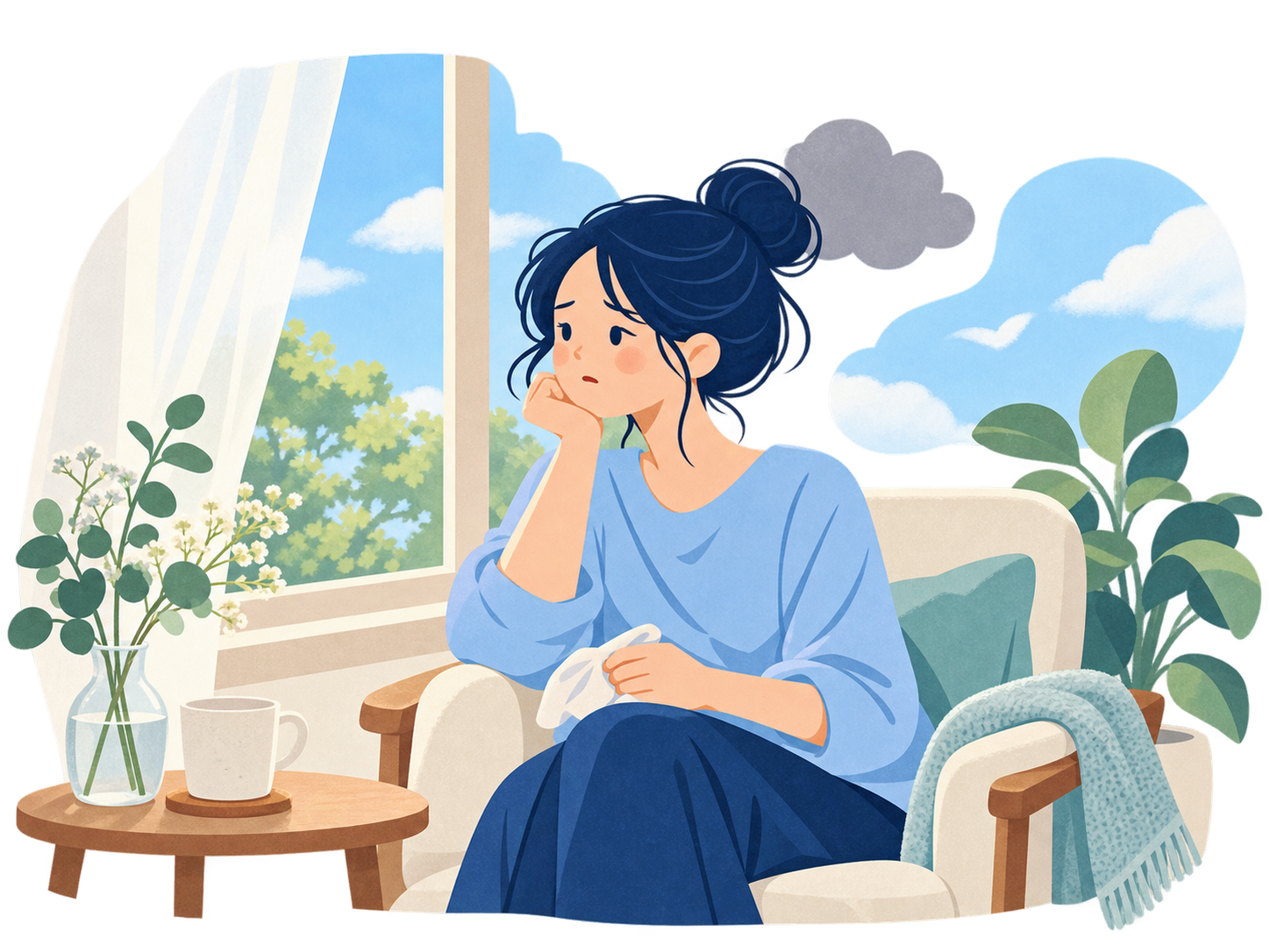 傷ついた気持ちを、すぐに自分への評価に変えず見つめる女性